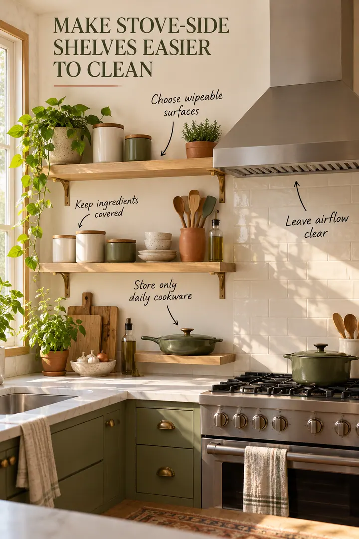 Small kitchen with wipeable open shelves holding closed canisters and daily cookware beside a clear vent area.