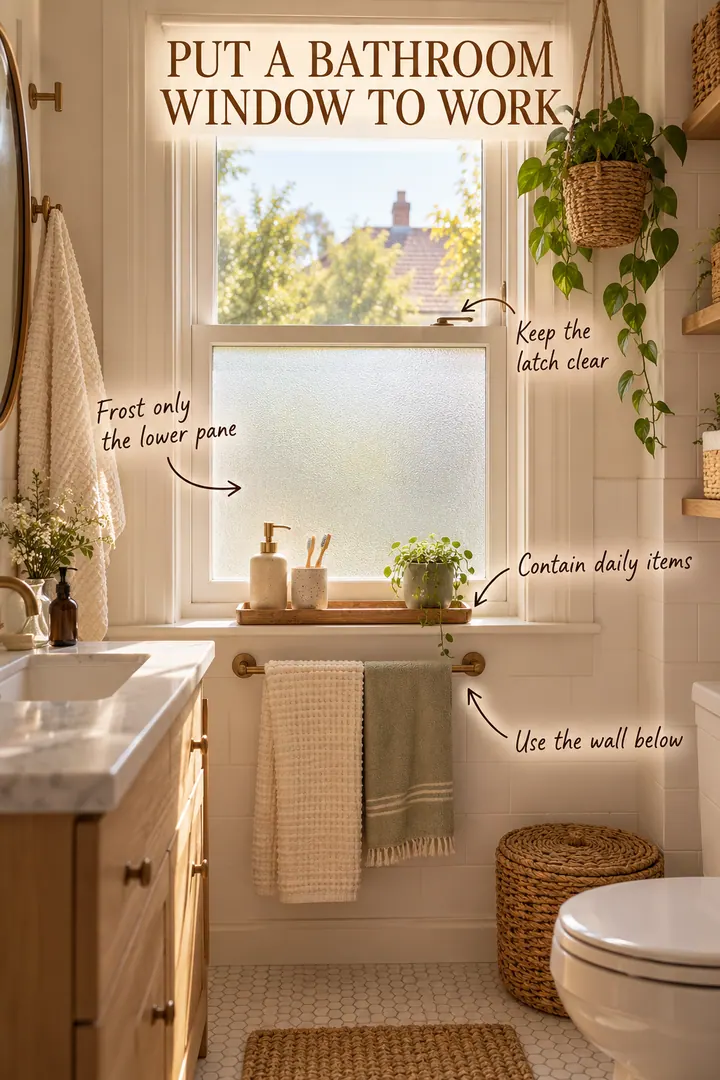Small bathroom window with lower-pane privacy film, a narrow sill tray, hanging plant, and towel rail below.