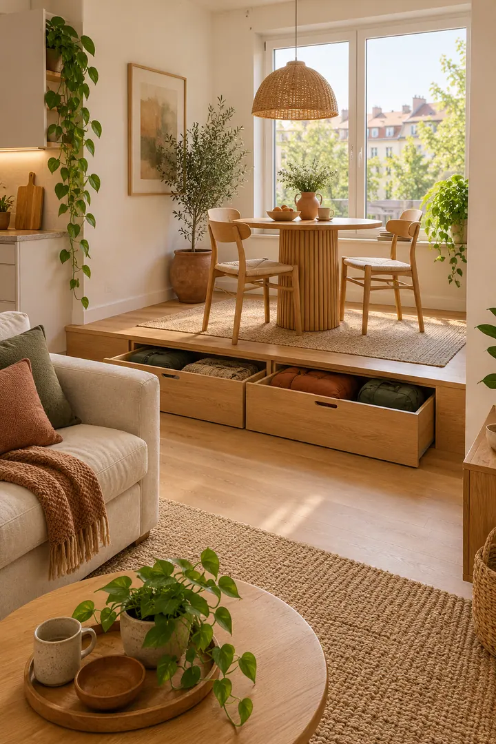 Studio apartment with a raised window-side dining nook and wide storage drawers built beneath the platform.