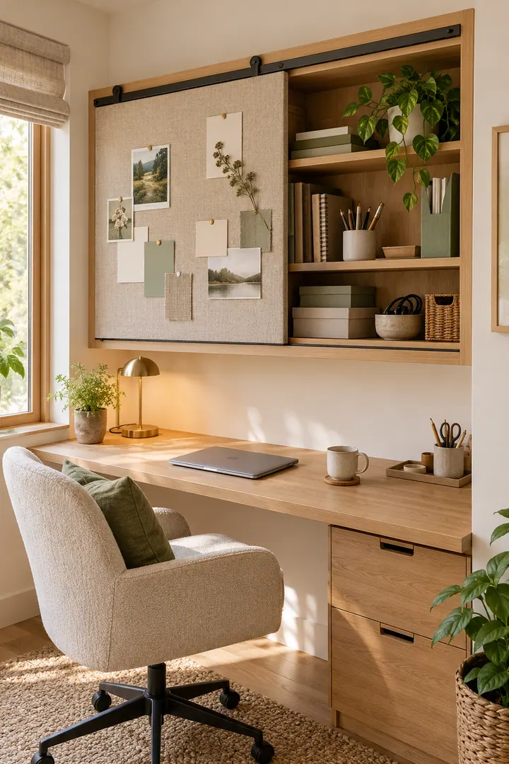 Compact desk hutch with a fabric pinboard panel sliding across shallow shelves of office supplies.
