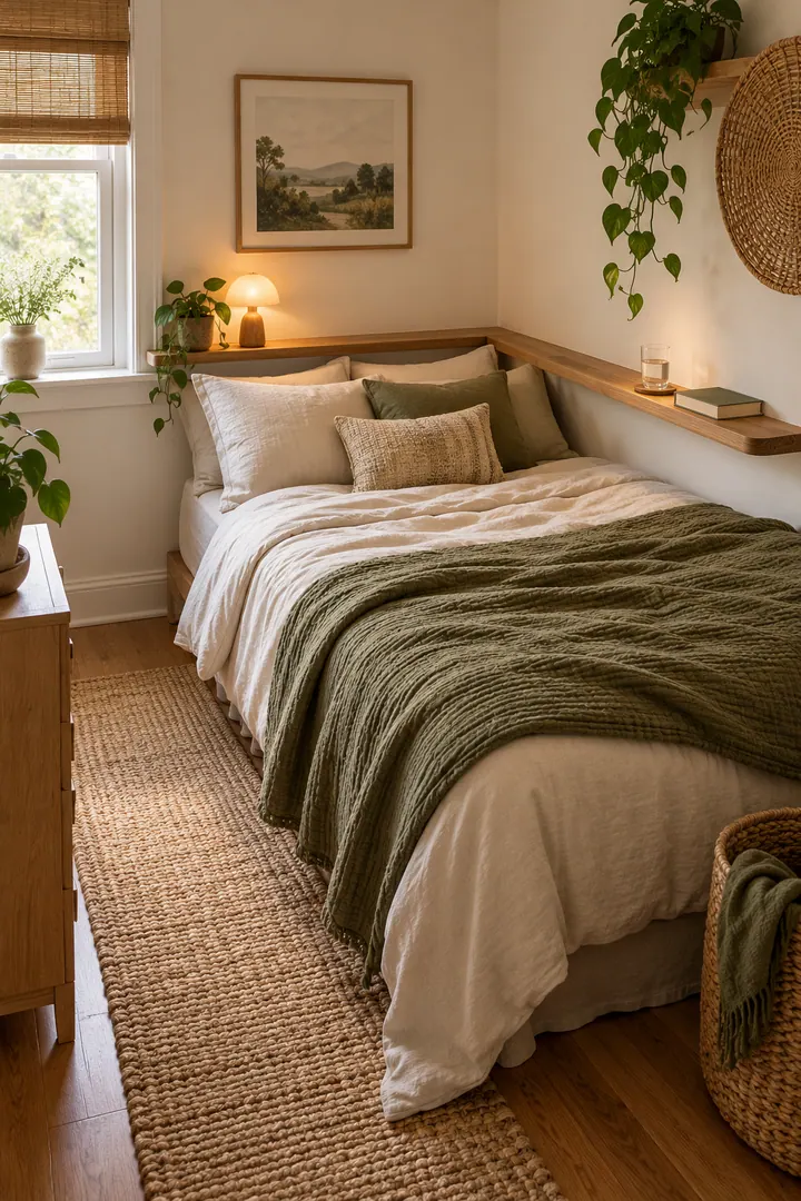 Corner bed with a narrow removable oak shelf wrapping behind the headboard and along the wall side.