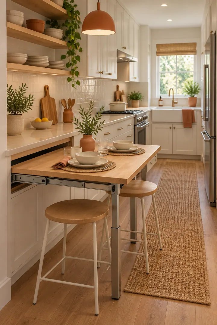 Small galley kitchen with a two-seat dining table extended from a slot beneath the counter.