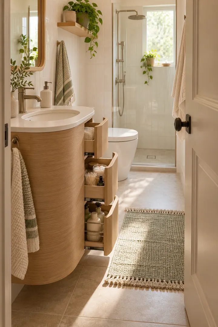 Narrow bathroom vanity with a shallow storage drawer opening from the side into a clear wall gap.