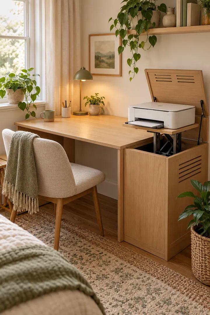 Compact printer raised from a ventilated side cabinet beside a narrow home office desk.