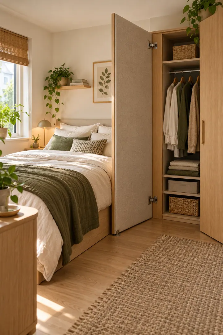 Compact bedroom with an upholstered wardrobe door opened perpendicular to the bed as a privacy screen.