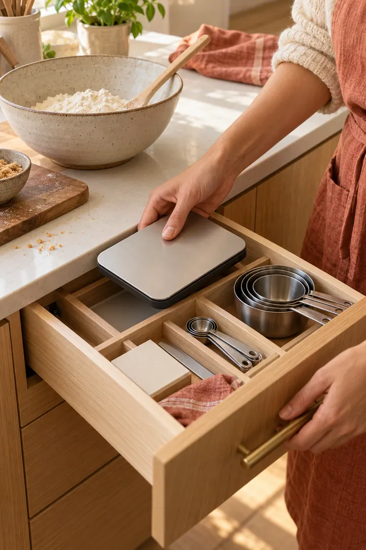 Hand lifting a compact kitchen scale from a shallow drawer organized with measuring cups, spoons, and a leveling tool.