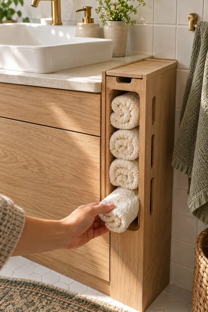 Hand taking a rolled cream washcloth from a narrow ventilated dispenser built into the side of a small vanity.