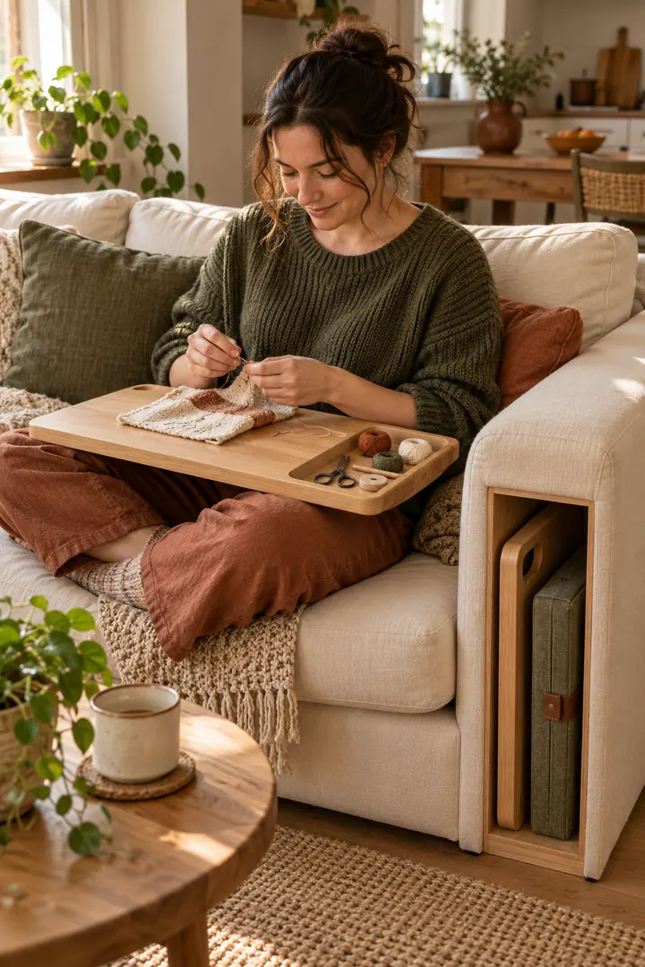 Person crafting on a wooden lap tray beside a sofa-arm slot designed to store the tray and supply case.