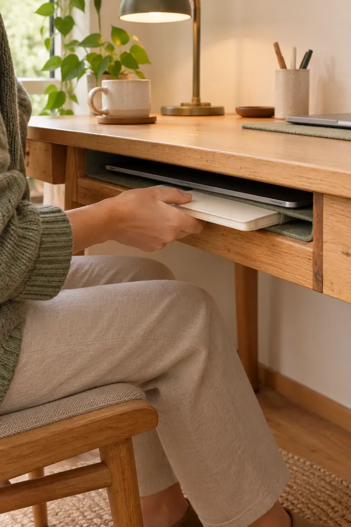 Hand sliding a plain notebook into a padded storage slot built into the front apron of a small oak desk.