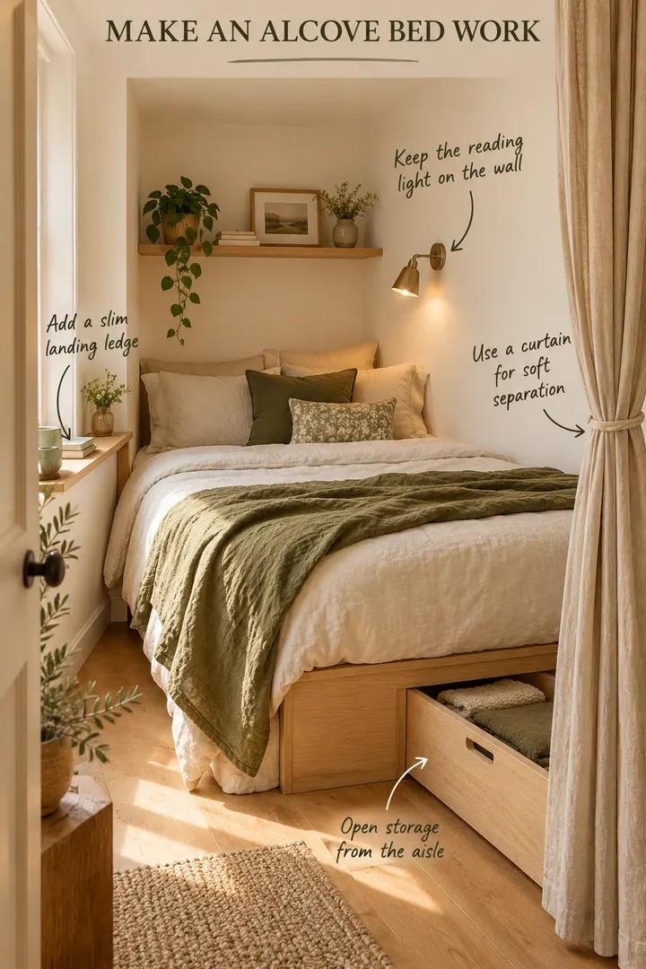 Annotated compact alcove bedroom with a slim bedside ledge, wall light, curtain, and aisle-facing drawer.