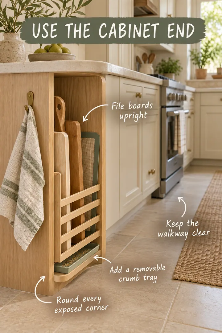 Annotated small kitchen cabinet end fitted with shallow vertical slots for cutting boards and a baking mat.