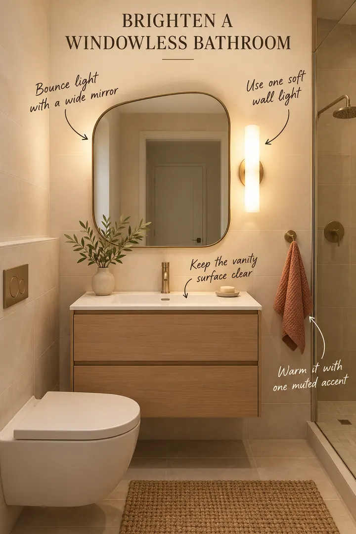 Annotated windowless bathroom with a wide mirror, diffused light, clear vanity, and terracotta towel.