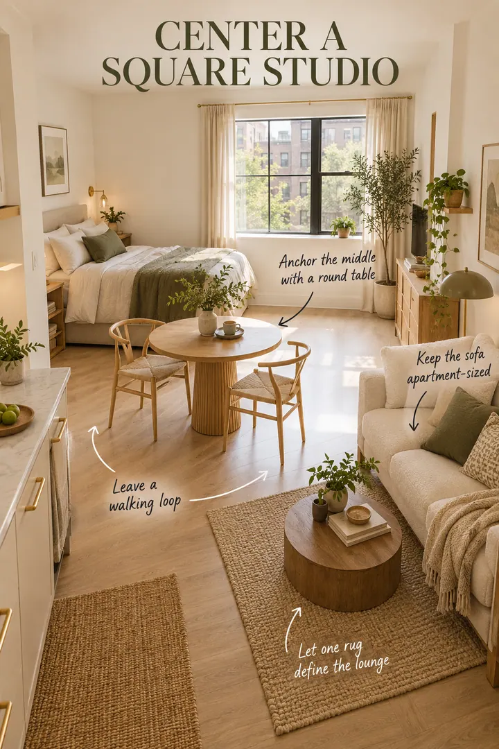 Annotated square studio with a central round table, compact sofa, bed, lounge rug, and clear walking loop.