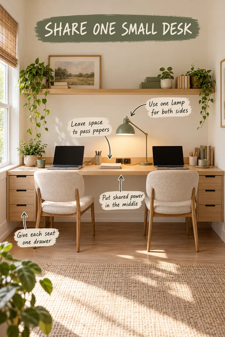 Annotated two-person home office with one shallow desk, individual drawers, central power, and a shared lamp.