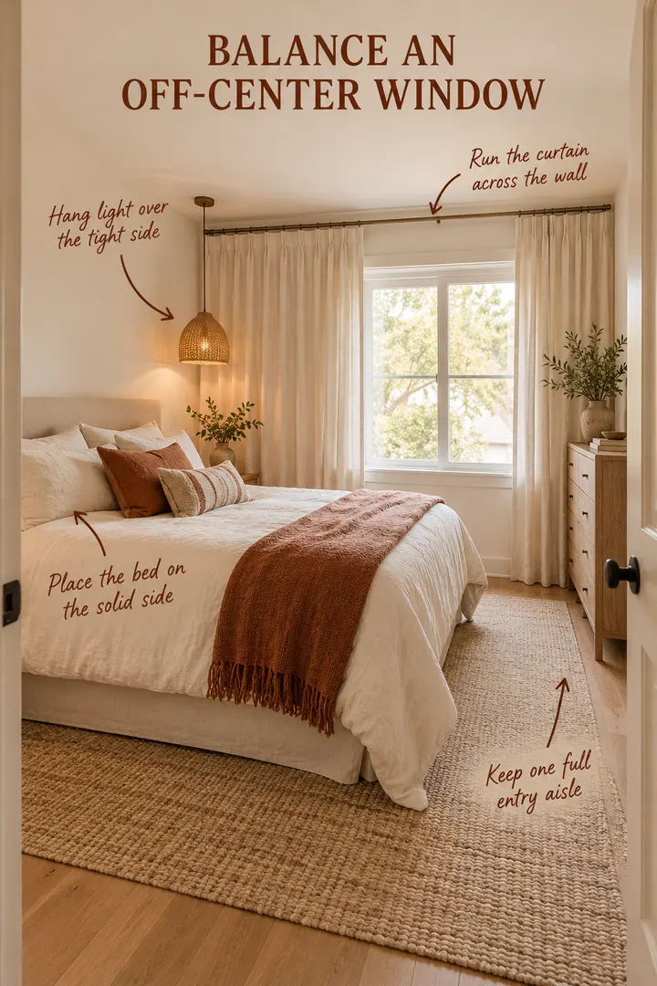 Annotated small bedroom arranged around an off-center window with a shifted bed and full-wall curtain.