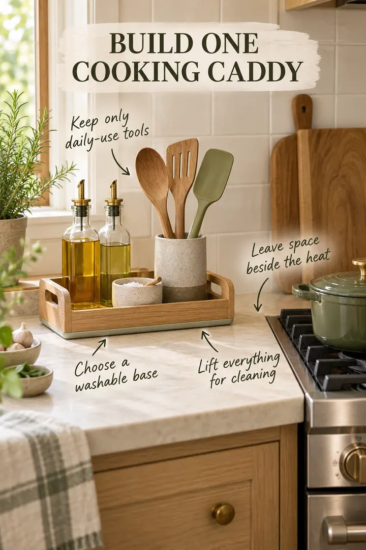 Annotated compact kitchen counter with a handled cooking caddy set safely beside the stove.