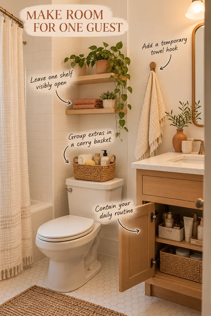 Annotated compact guest bathroom with an open shelf, folded towel, portable basket, and temporary hook.