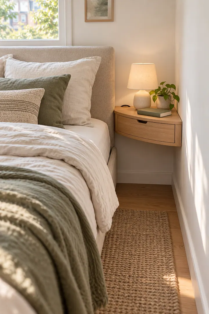 Compact bedroom with a triangular wall-mounted corner nightstand preserving a narrow bedside walkway.