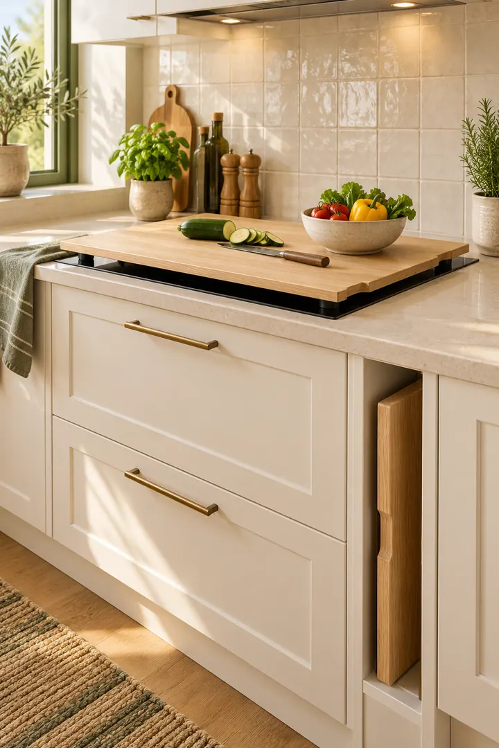 Compact kitchen with a removable raised work board over a cool induction cooktop and a vertical storage slot.