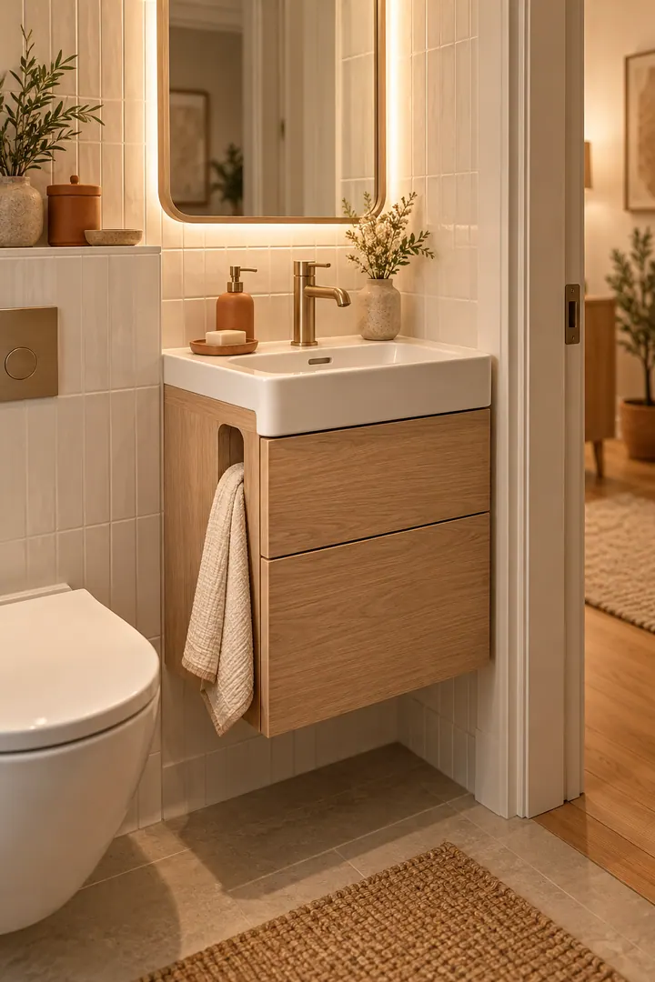 Small wall-hung bathroom vanity with a ventilated side slot holding a cream hand towel.