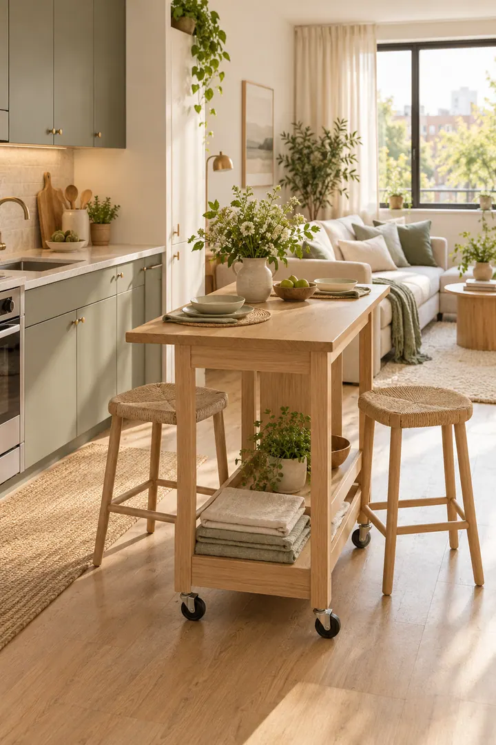 Compact studio with a narrow locking dining cart, two stools, and a one-wall kitchen.