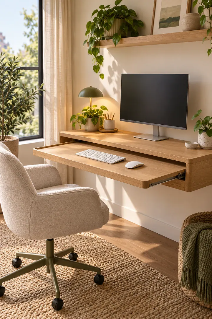 Shallow wall-mounted desk with a wide pull-forward shelf supporting a keyboard and forearms.