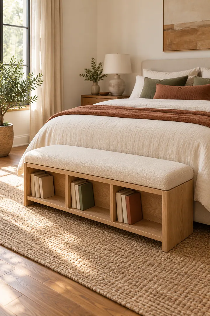Compact bedroom with a low upholstered bed-end bench containing shallow outward-facing book slots.