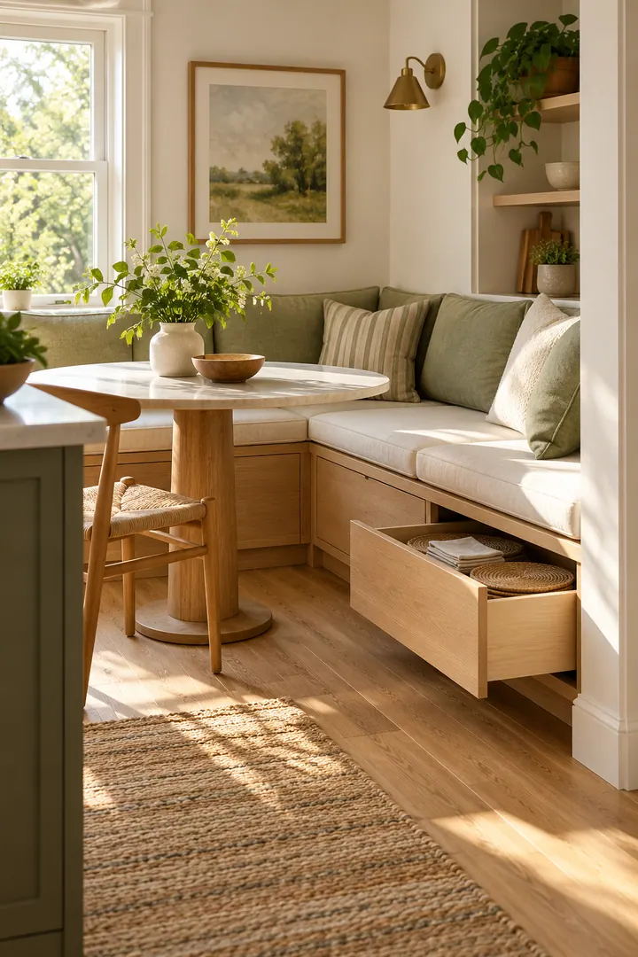 Compact dining nook with shallow drawers opening from the recessed plinth beneath a cushioned banquette.