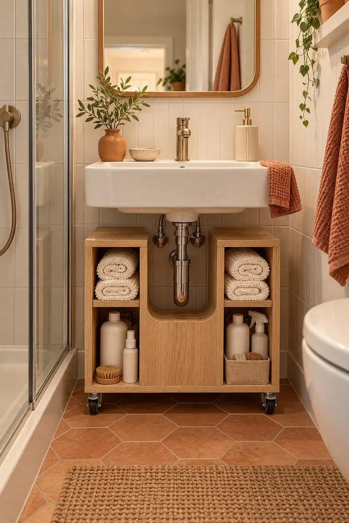 Compact bathroom with a U-shaped rolling storage cart fitted around exposed wall-hung sink plumbing.