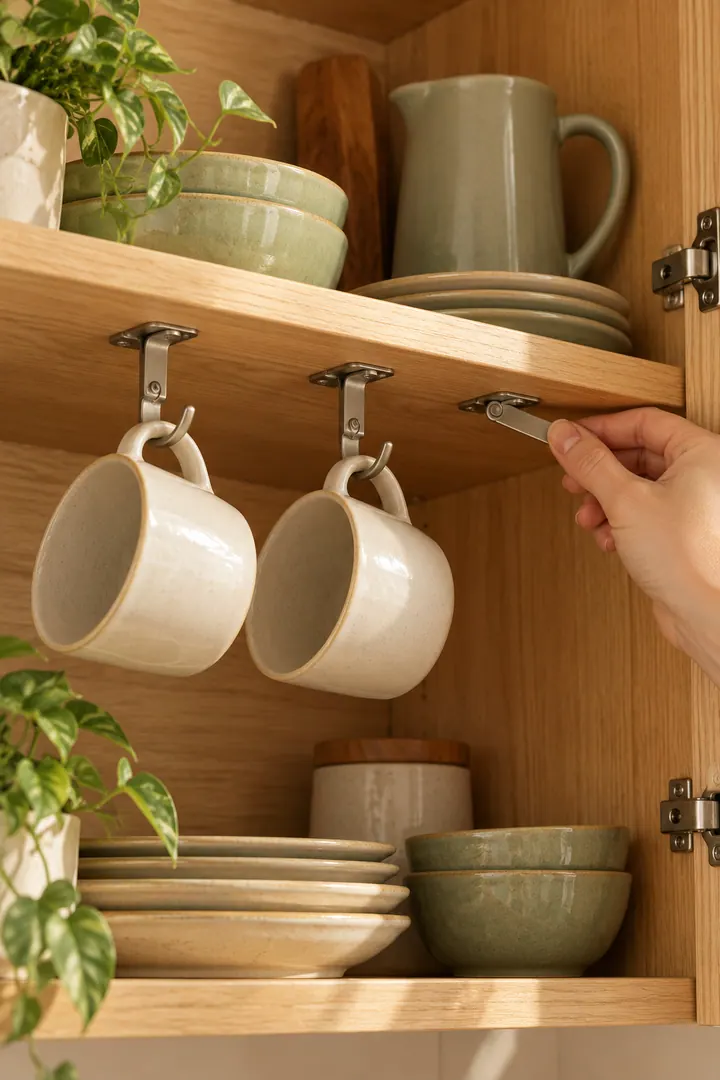Close-up of a hand folding one hinged mug hook flat beneath a compact kitchen cabinet shelf.