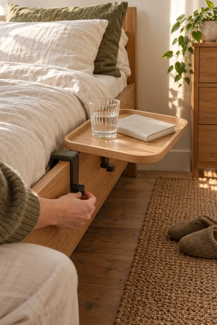 Close-up of a small wooden tray being clamped to a bed frame beside a narrow bedroom aisle.