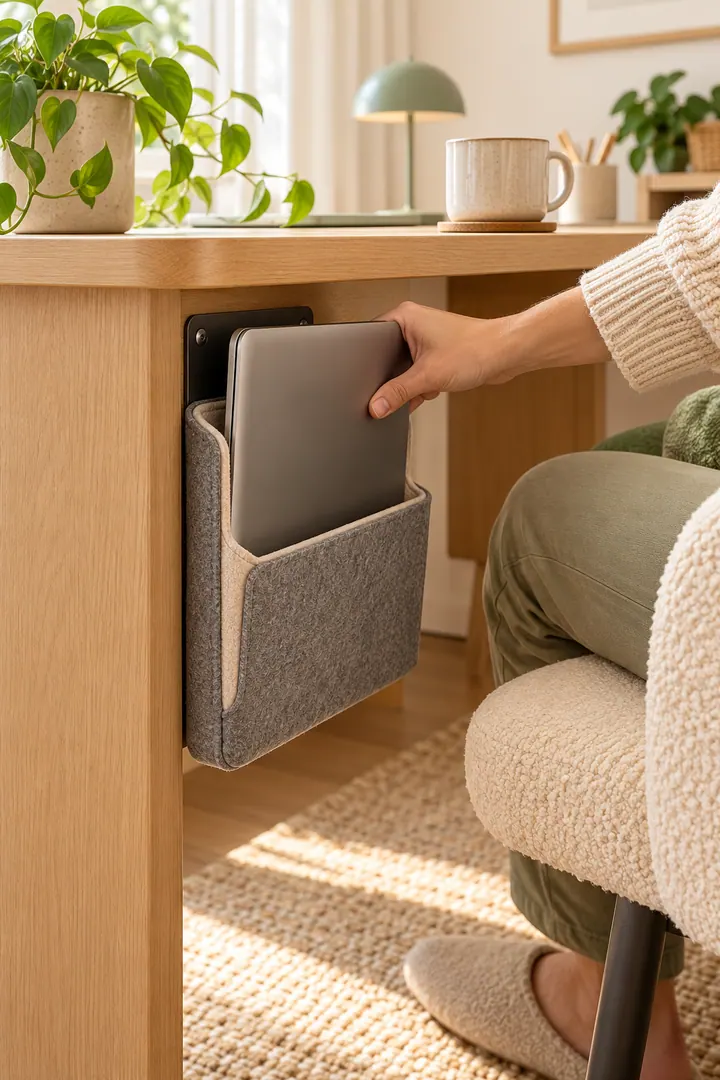 Close-up of a closed laptop sliding into a padded felt sleeve mounted beneath a shallow desk.