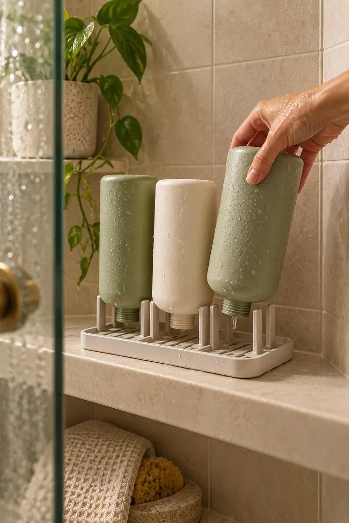 Close-up of a refillable shower bottle placed upside down in a slotted dock above a drainage tray.