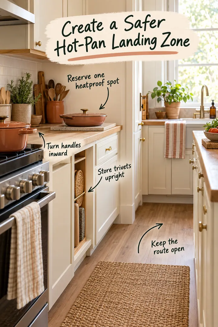 Annotated compact kitchen showing a heatproof landing tray beside the oven, upright trivets, and a clear cooking route.