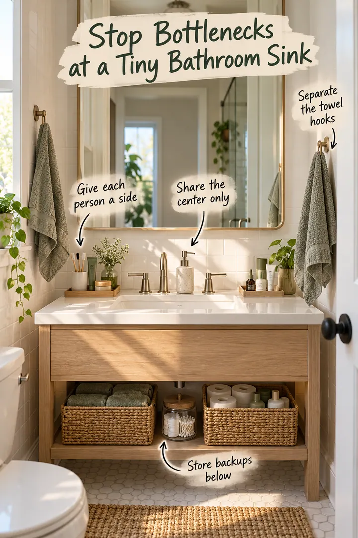 Annotated shared bathroom vanity with two personal trays, separate towel hooks, centered soap, and backups stored below.