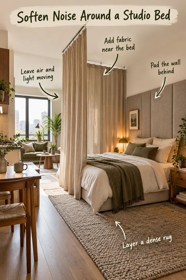 Annotated studio sleeping zone with a dense rug, upholstered wall panels, and a soft fabric divider that preserves light.
