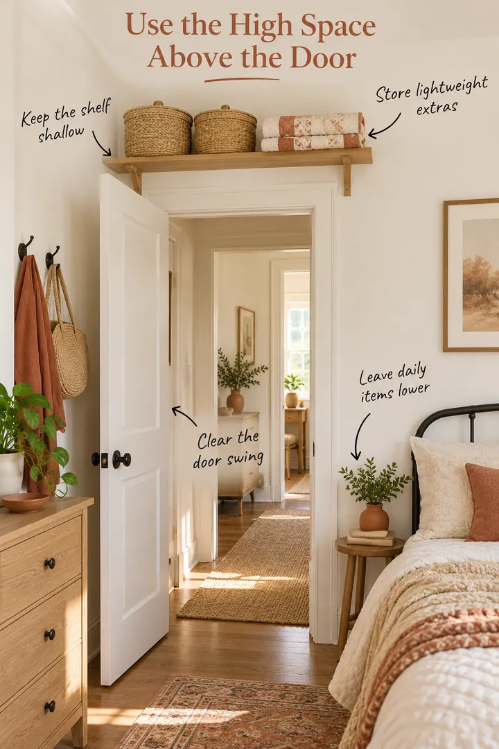 Annotated compact bedroom doorway with a shallow high shelf holding lightweight baskets and a folded spare quilt.