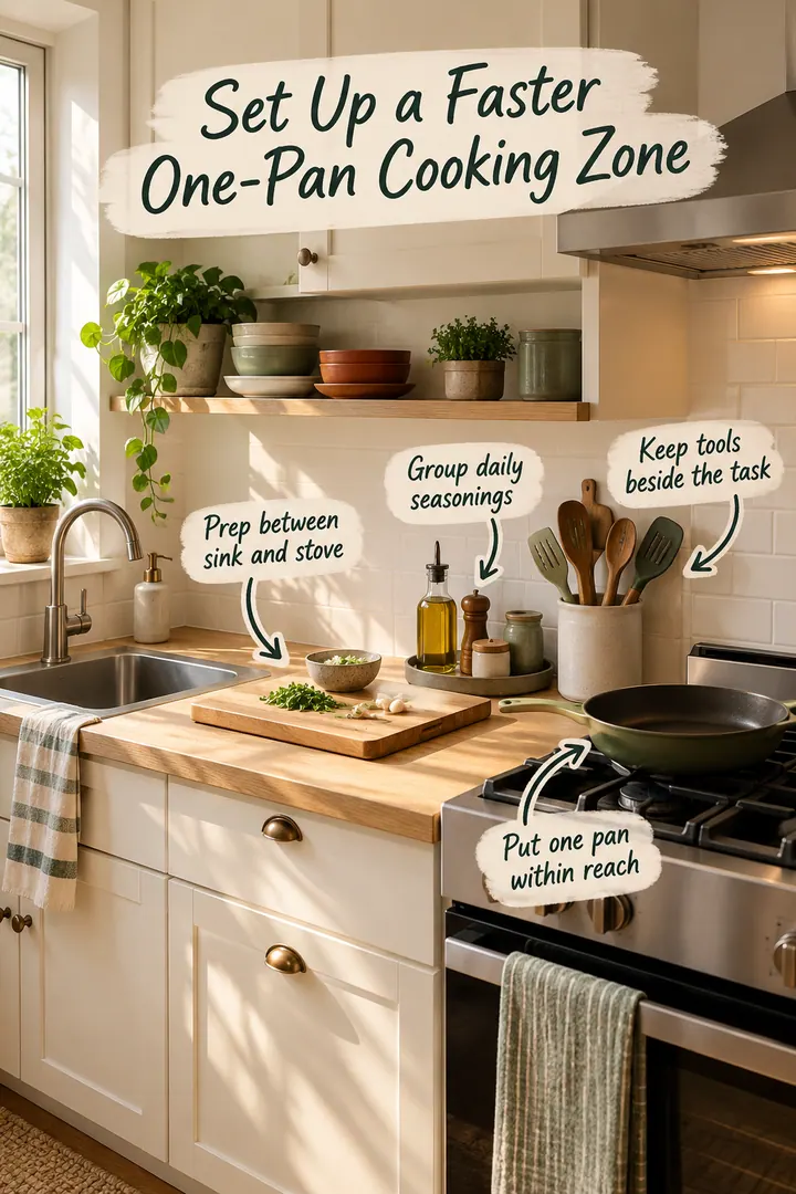 Annotated tiny kitchen with a cutting board between sink and stove, grouped seasonings, utensils, and an accessible skillet.