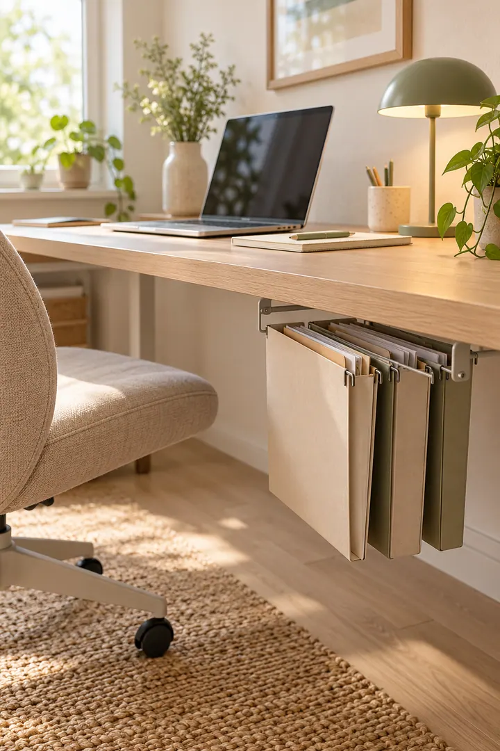 Small oak desk with unmarked active-paper folders hanging from a slim rail beneath the side edge.
