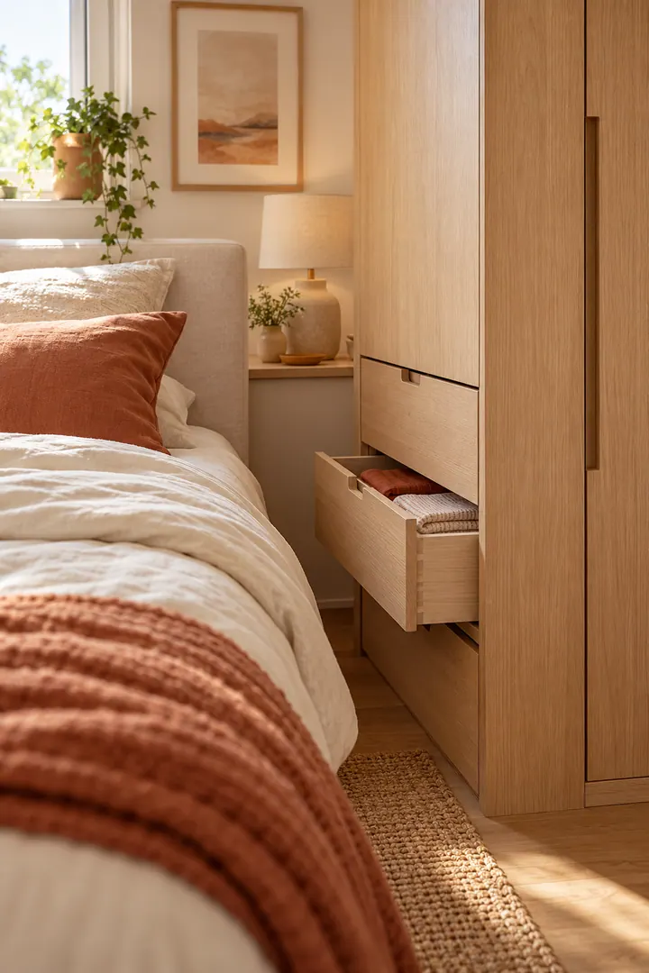 Compact bedroom with shallow drawers opening from the side of an oak wardrobe beside the bed.
