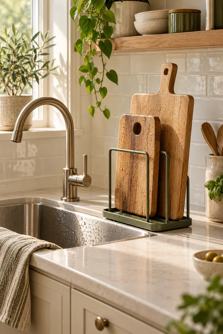 Two wooden cutting boards drying upright in a narrow sink-side rack with a removable drip tray.