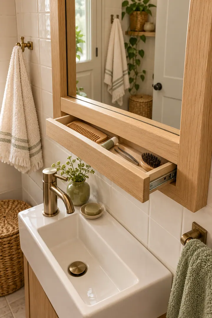Tiny bathroom mirror with a shallow side drawer holding a few unbranded daily grooming tools.