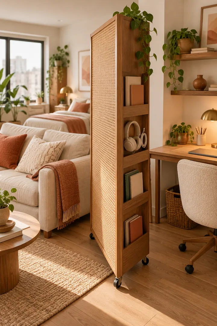 Compact studio with a narrow rolling cane divider that stores notebooks and headphones on its office-facing side.