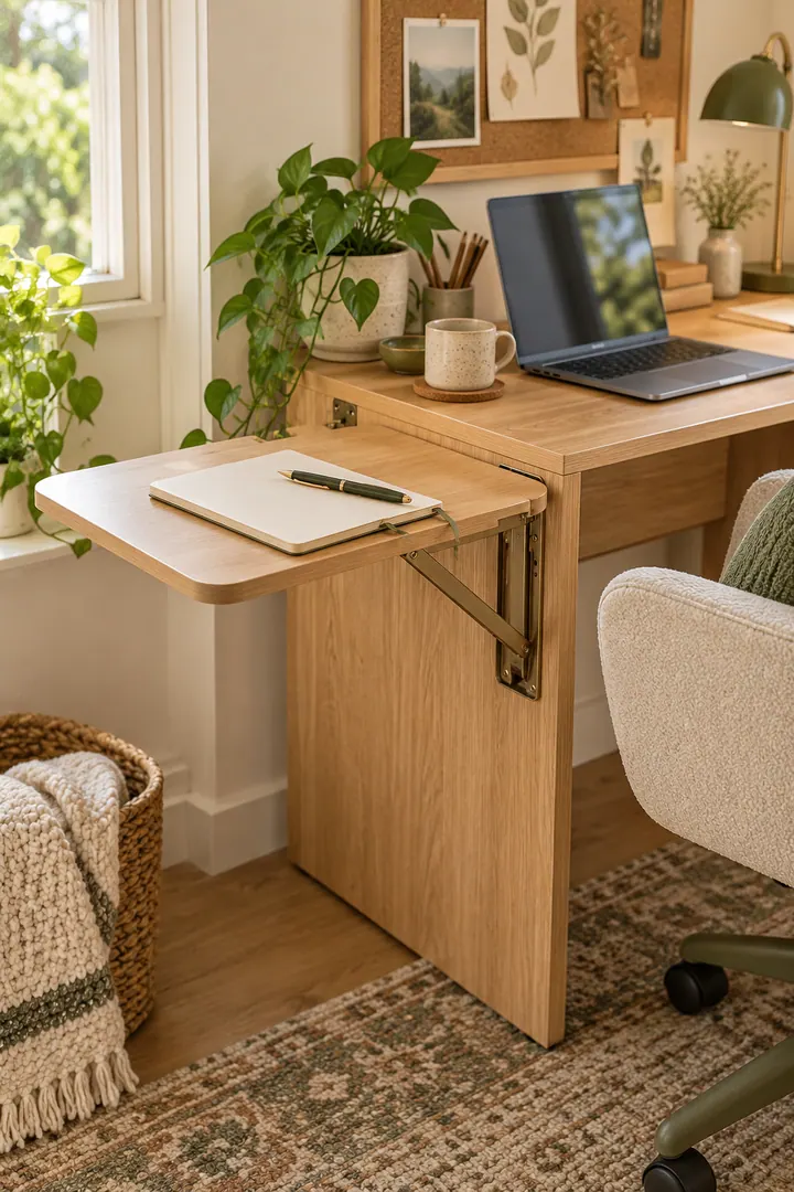 Small computer desk with a rounded hinged side wing opened beside the chair for a notebook.