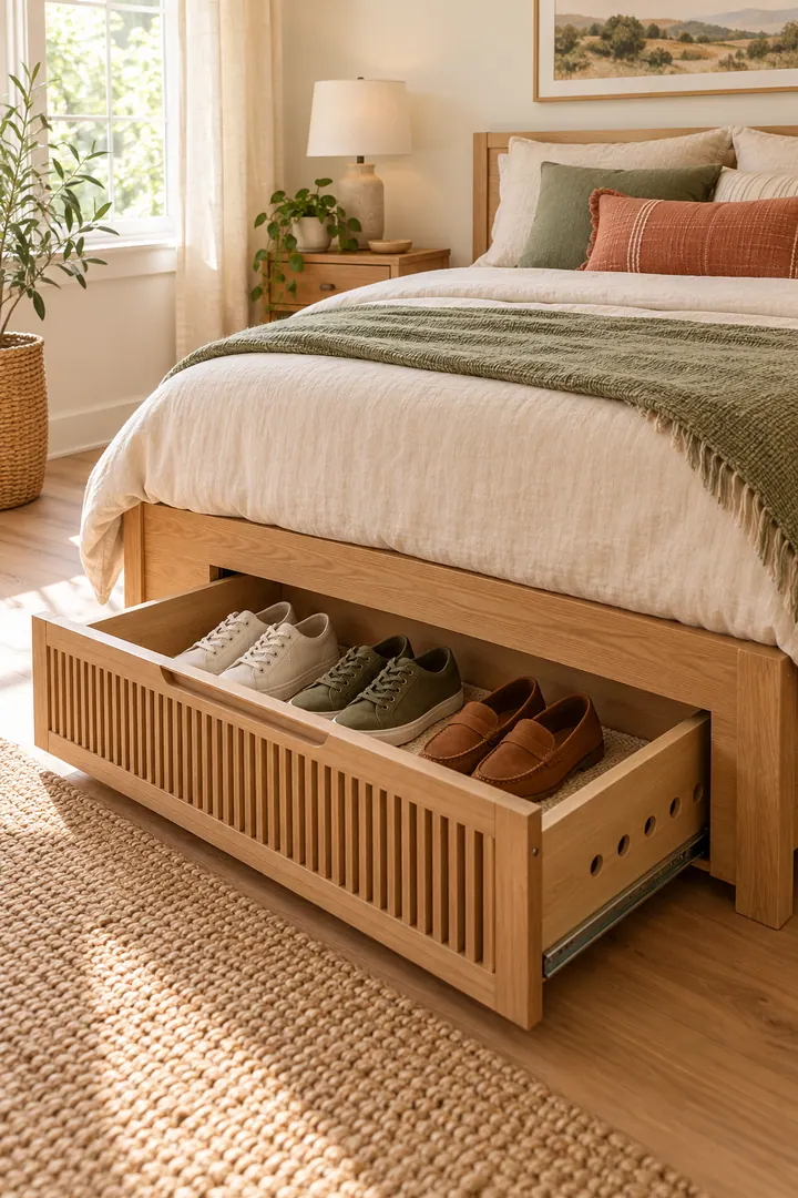 Partly open ventilated drawer at the foot of a compact oak bed holding everyday shoes on a washable liner.