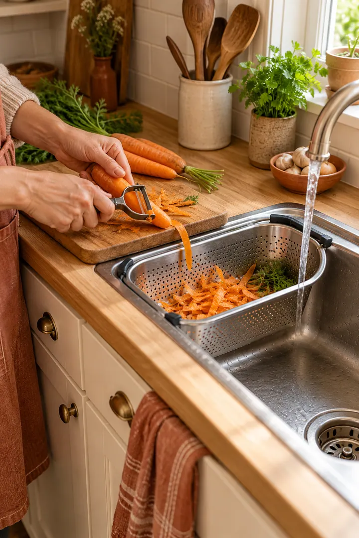 Hands peeling carrots beside a small sink while scraps collect in a removable perforated corner strainer.