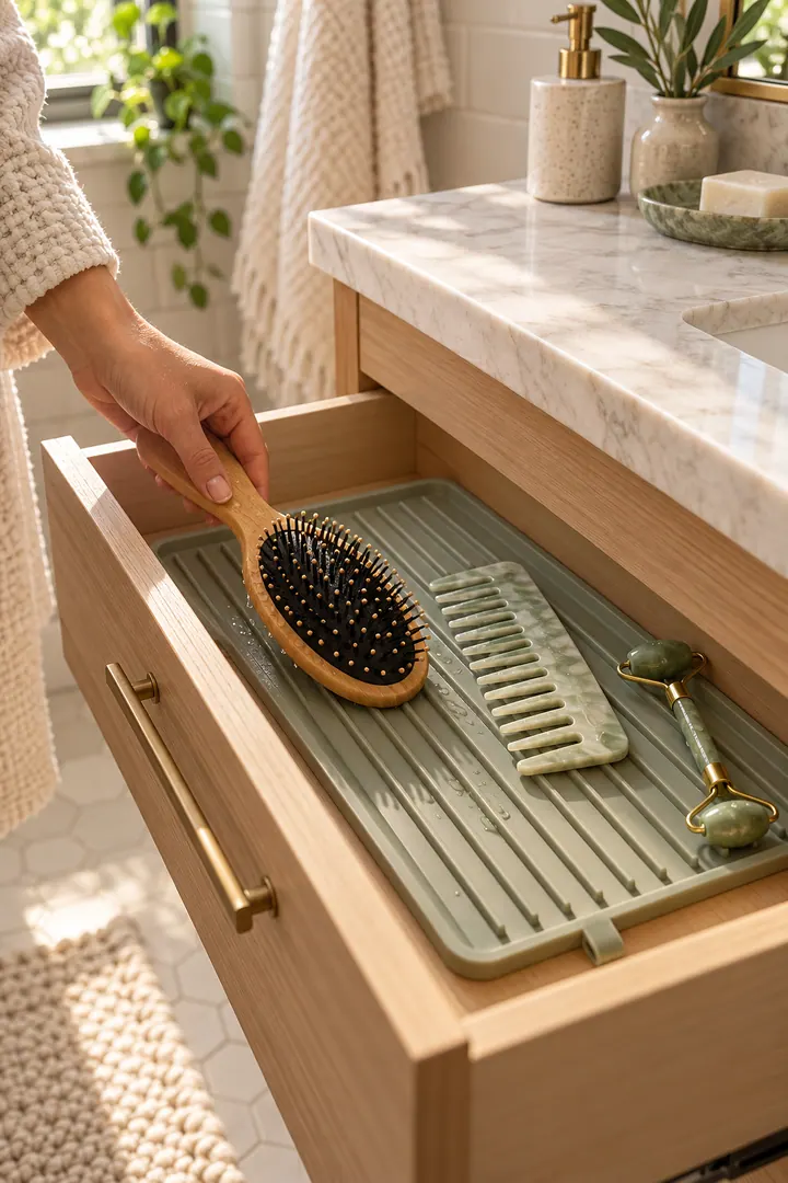Hand placing a damp hairbrush on a ribbed washable silicone mat inside a shallow bathroom vanity drawer.