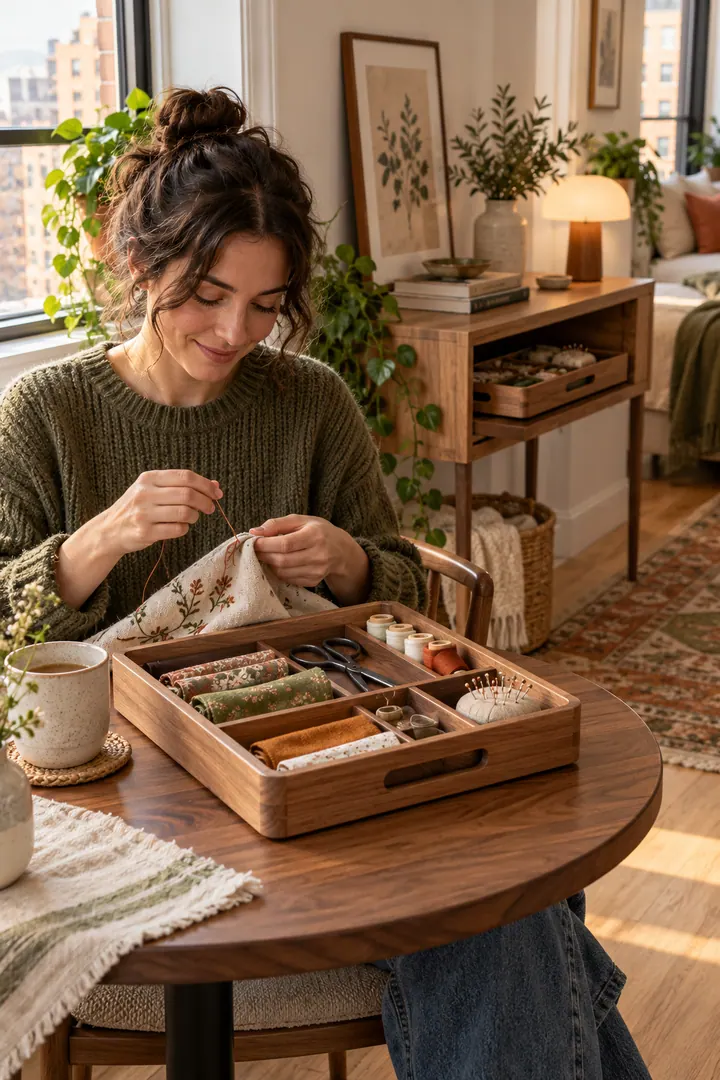 Person hand sewing at a small studio table using a compartmented project tray that docks in a nearby console.