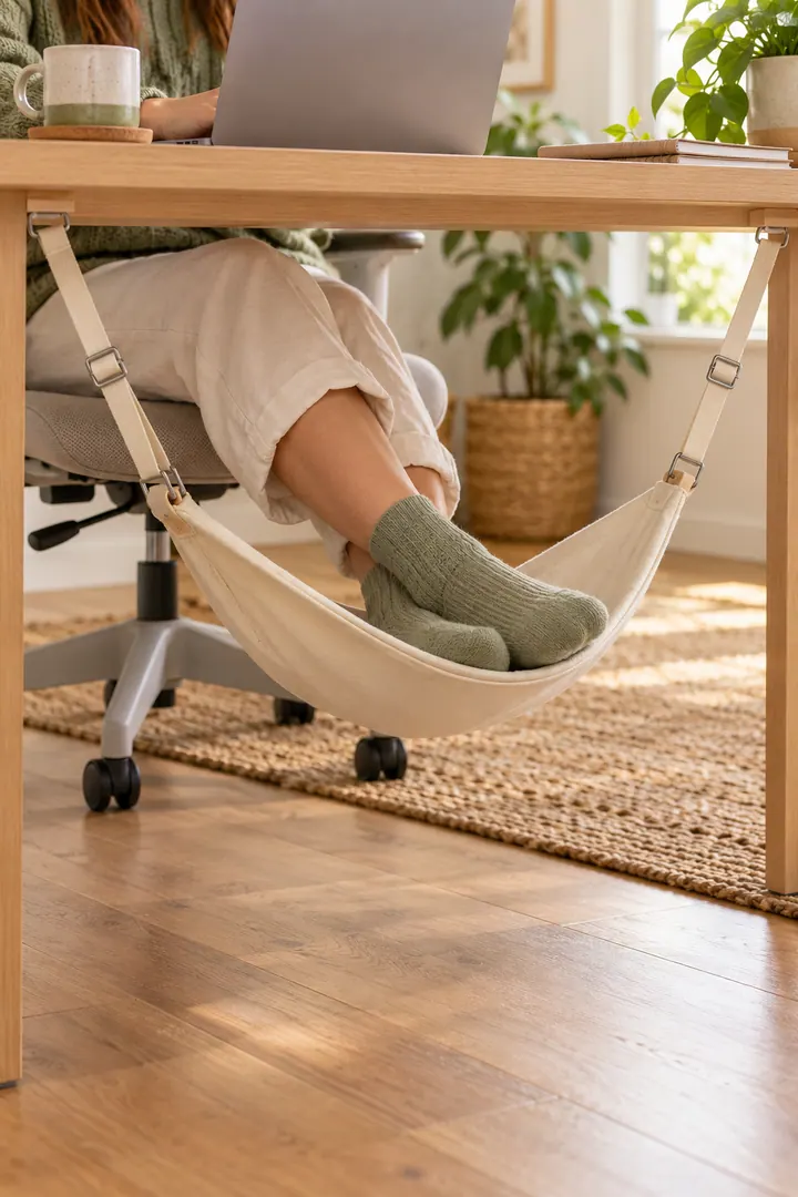 Seated person resting their feet in a cream fabric hammock securely suspended beneath a compact oak desk.