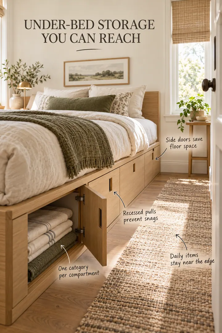 Compact warm bedroom with an oak platform bed and accessible side-opening storage compartments beneath the mattress.